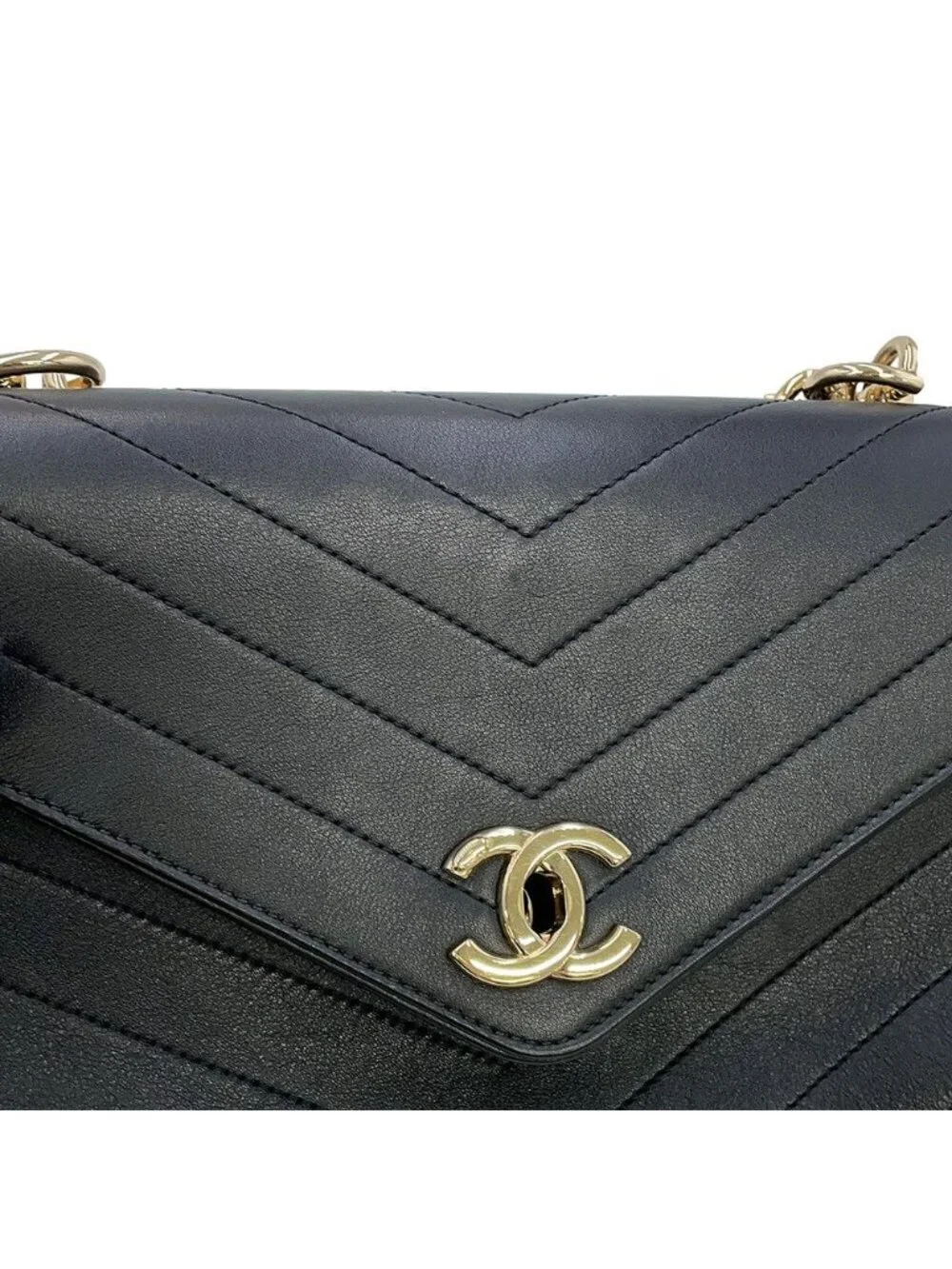 Chanel Chain Shoulder Bag Blanc CC Logo Leather Stitch Black 2-Way